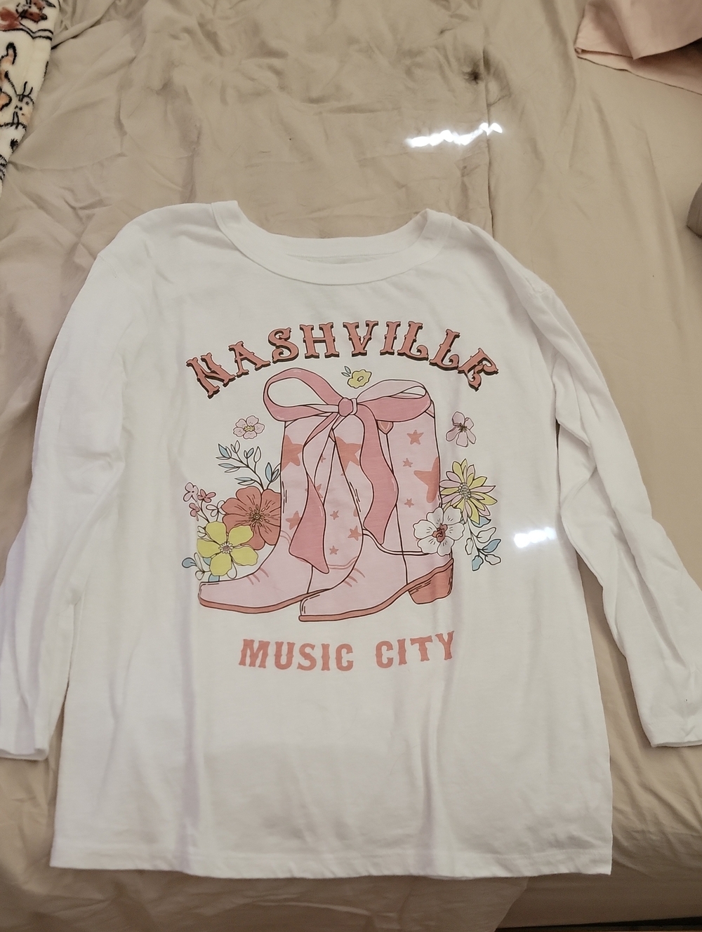 SO White Long-Sleeve Tee with Pink Nashville Boots Graphic
